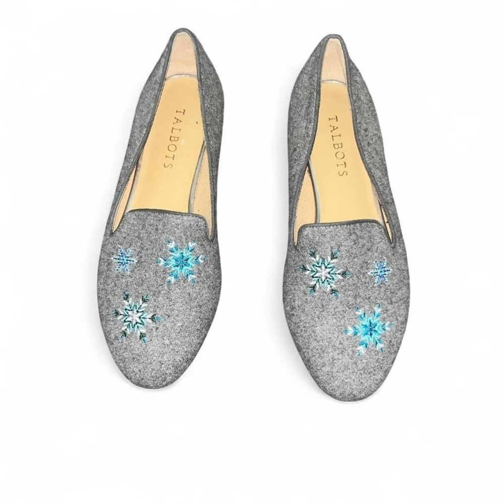 Talbots Slip On Loafer Flat Size 7 Winter Gray Snowflake Wool Leather Business